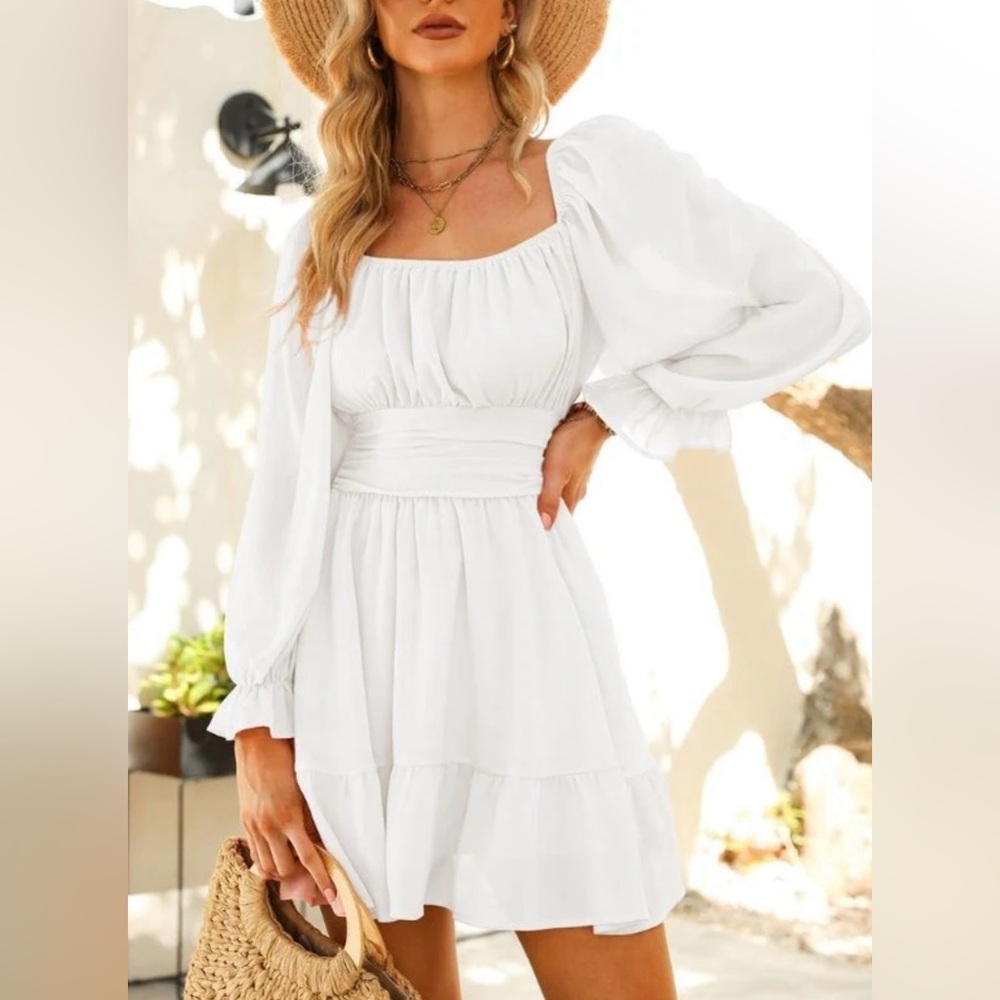 Exlura Lantern Sleeve Square Neck Dress Elastic Waist Aline Mini Dress (Size S)